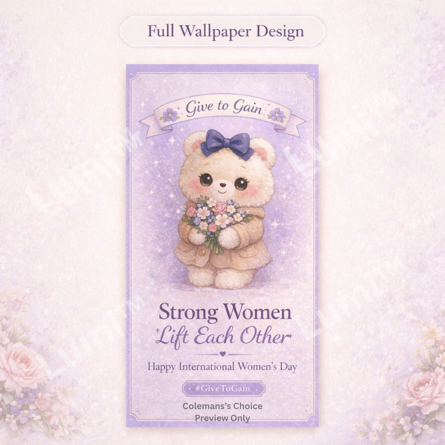 Wallpaper design with Lumi bear holding flowers and text on a light purple background.