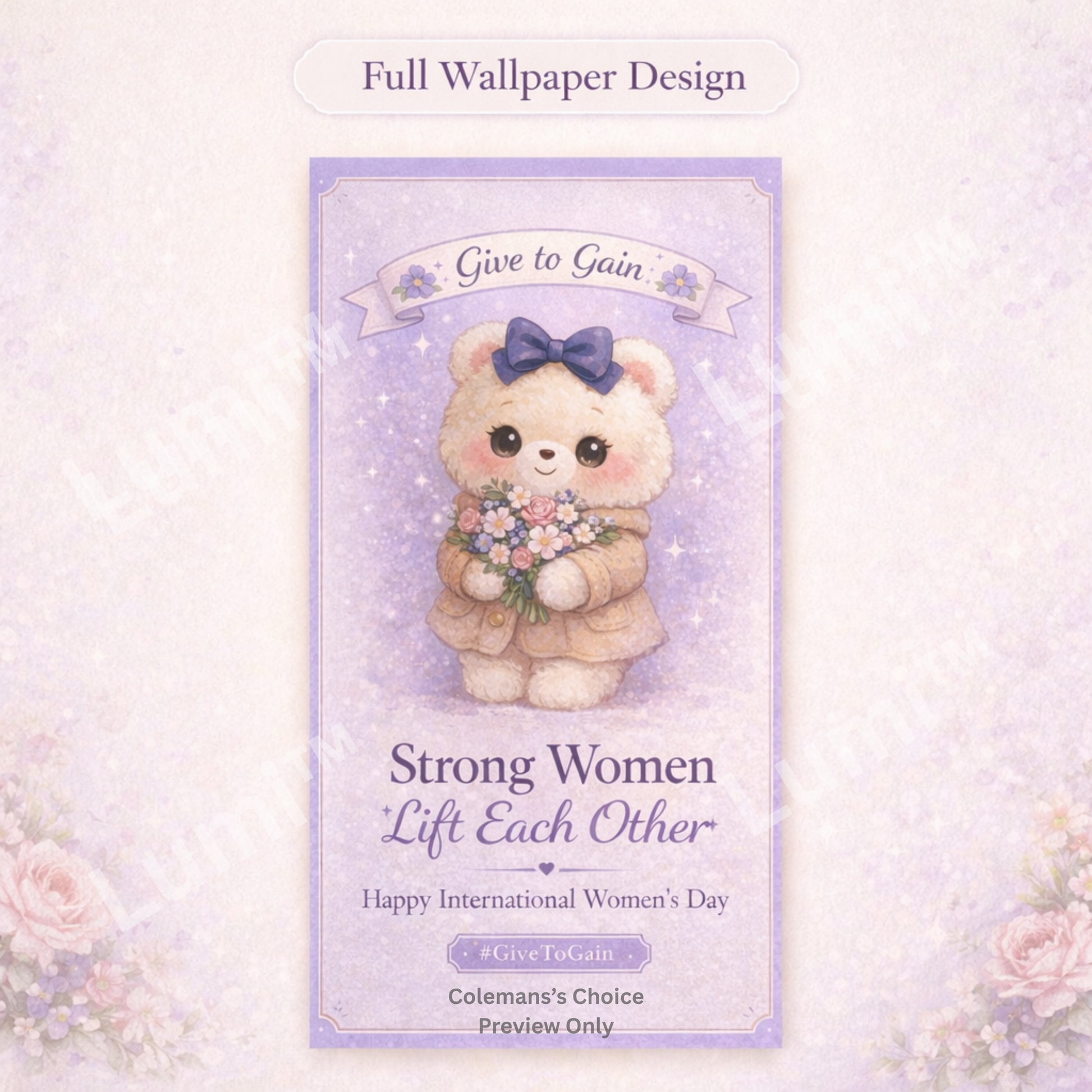 Wallpaper design with Lumi bear holding flowers and text on a light purple background.