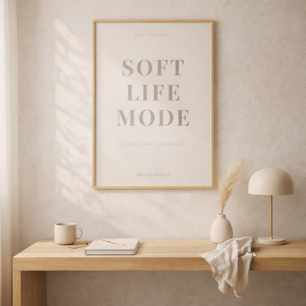 Minimalist interior with a desk, lamp, and framed poster "SOFT LIFE MODE" on a wall.
