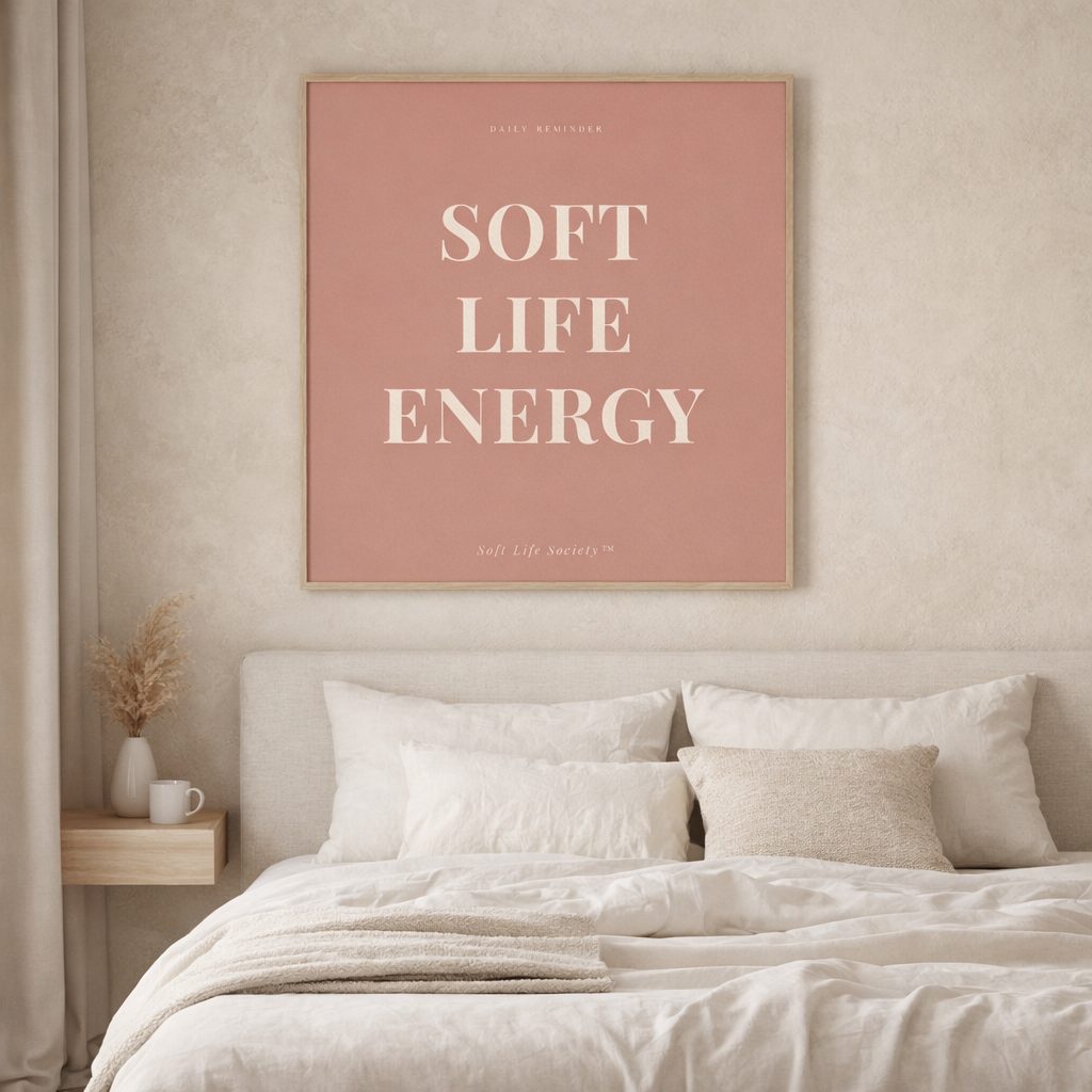 Bedroom with 'SOFT LIFE ENERGY' framed text art on the wall