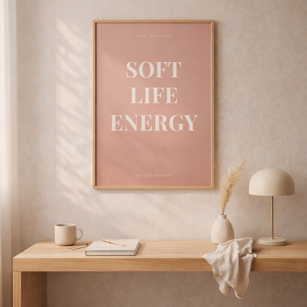 Decorative poster with 'SOFT LIFE ENERGY' text on a wall above a wooden desk.