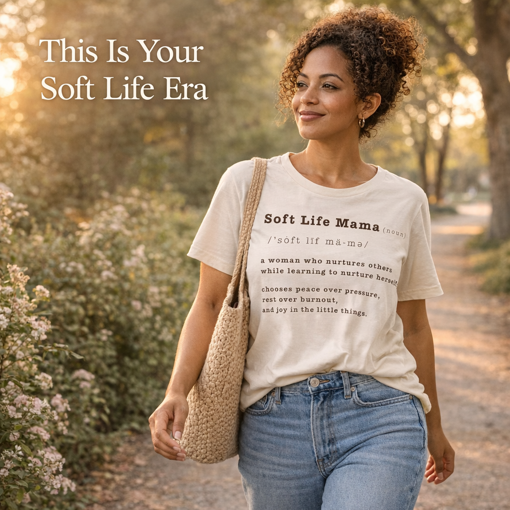 Woman walking outdoors wearing a 'Soft Life Mama' t-shirt with a definition printed on it.