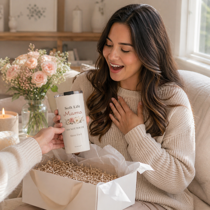 Woman receiving Soft Life Mama tumbler as a gift in cozy home setting, thoughtful Mother’s Day gift idea with floral design cup