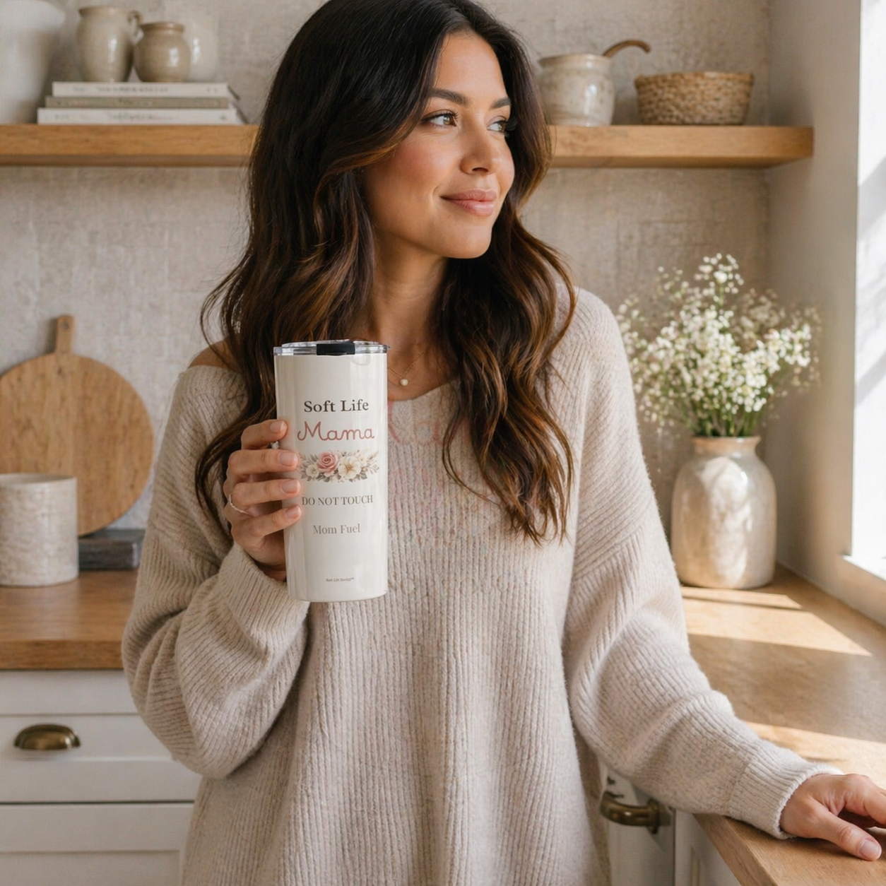 Woman holding Soft Life Mama tumbler in warm neutral kitchen, cozy everyday coffee moment with floral mom gift cup