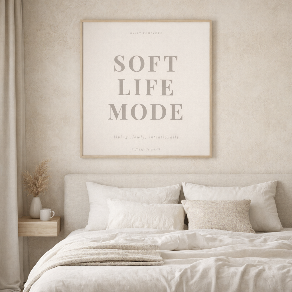 Beige bedroom with 'Soft Life Mode' framed print on the wall