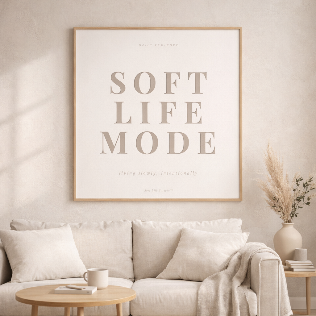 Beige living broom with 'Soft Life Mode' framed print on the wall
