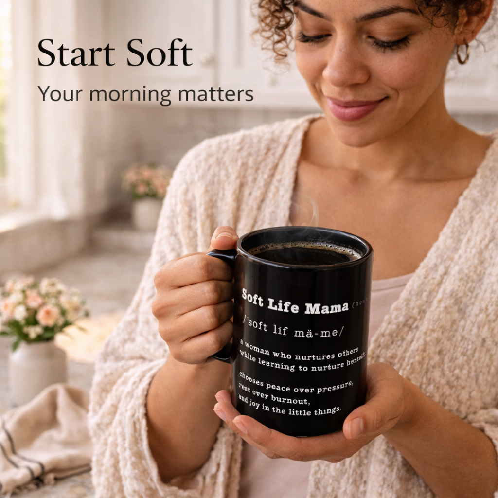 Woman holding a black mug with 'Soft Life Mama' text in a cozy indoor setting.