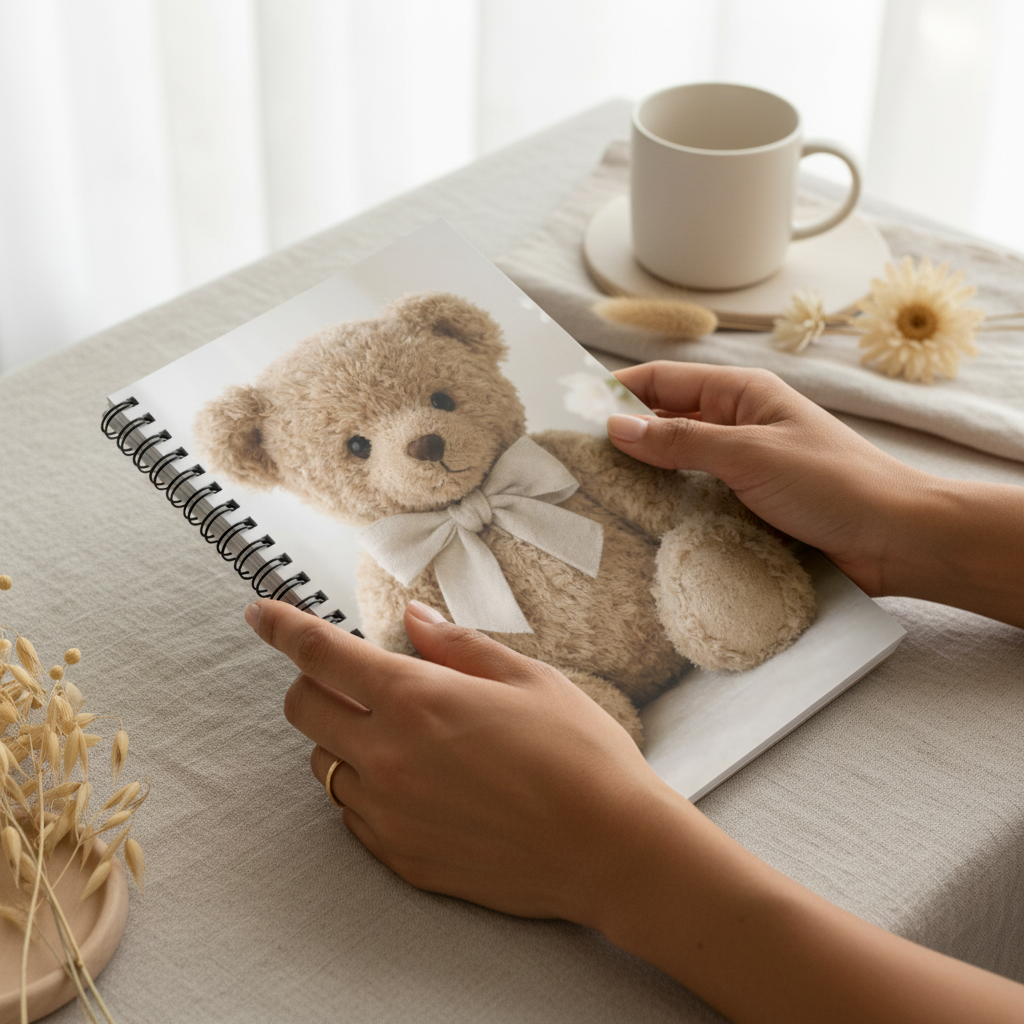 Person holding a teddy bear illustration on a notebook with a cup and flowers in the background.