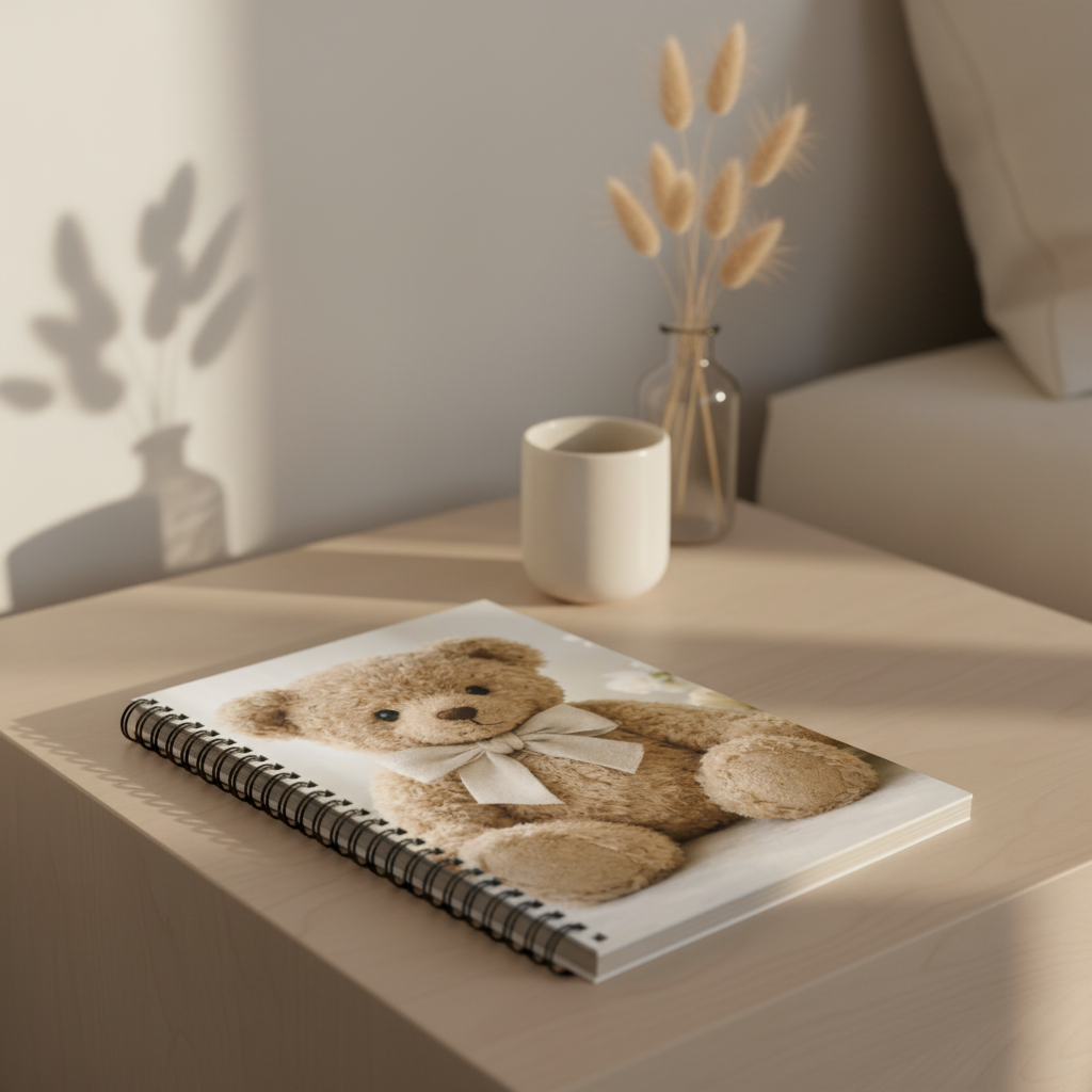 Notebook with teddy bear design on a table with a cup and vase in the background
