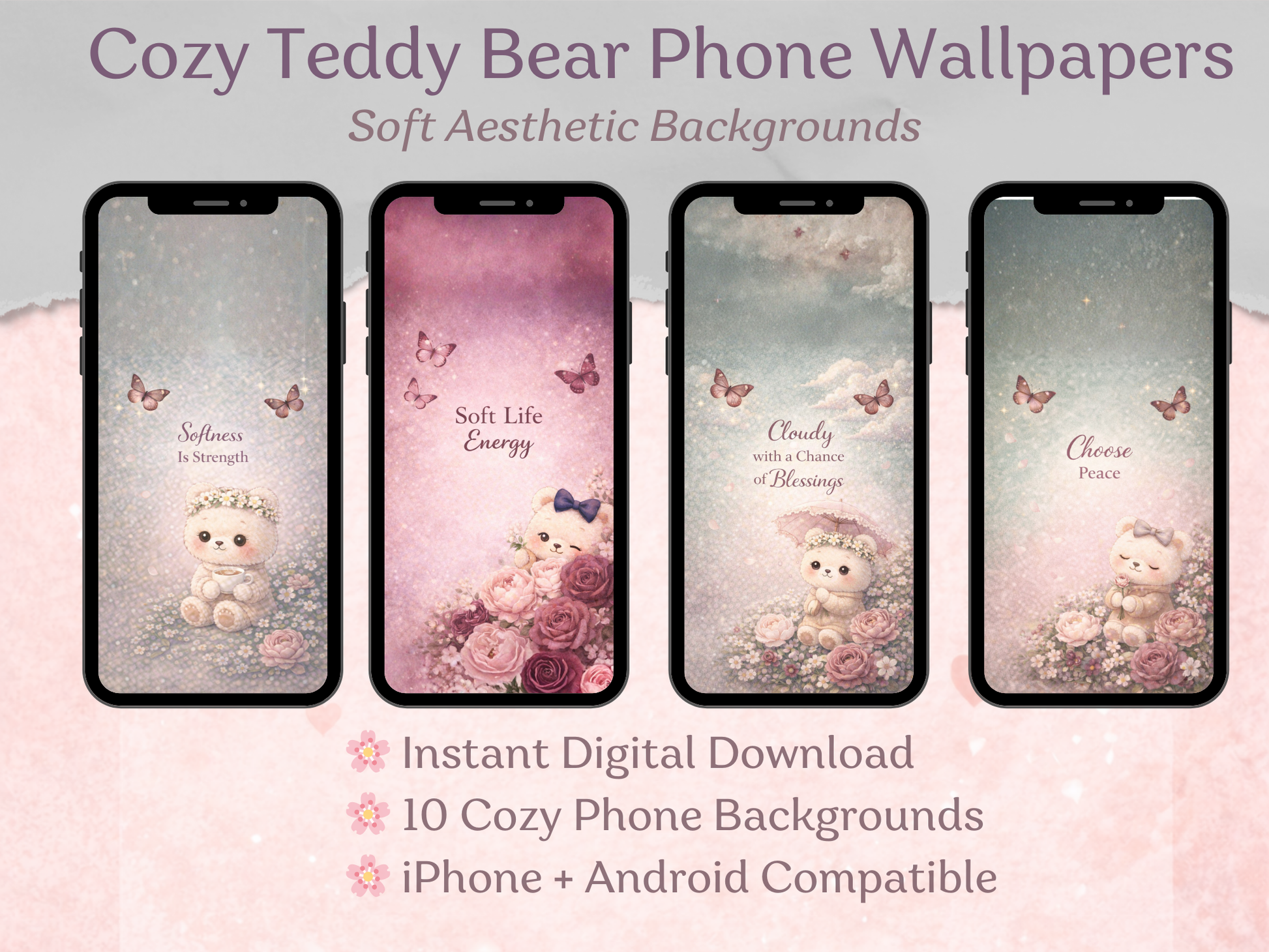 Four phone screens displaying cozy teddy bear wallpapers with text about digital download and compatibility.