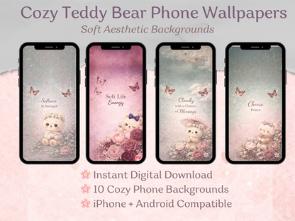 Four phone screens displaying cozy teddy bear wallpapers with text about digital download and compatibility.