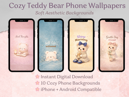 Four phone screens displaying cozy teddy bear wallpapers with text on a pink background.