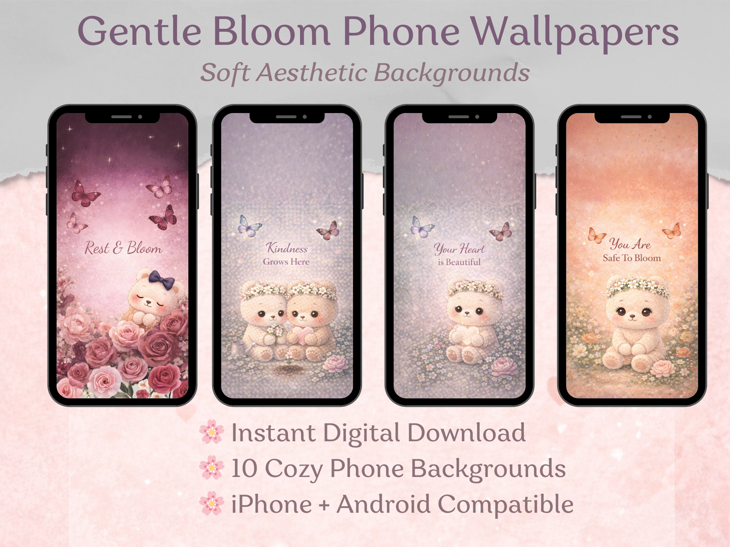 Four phone screens displaying cute animal and floral wallpapers with text about digital download options.