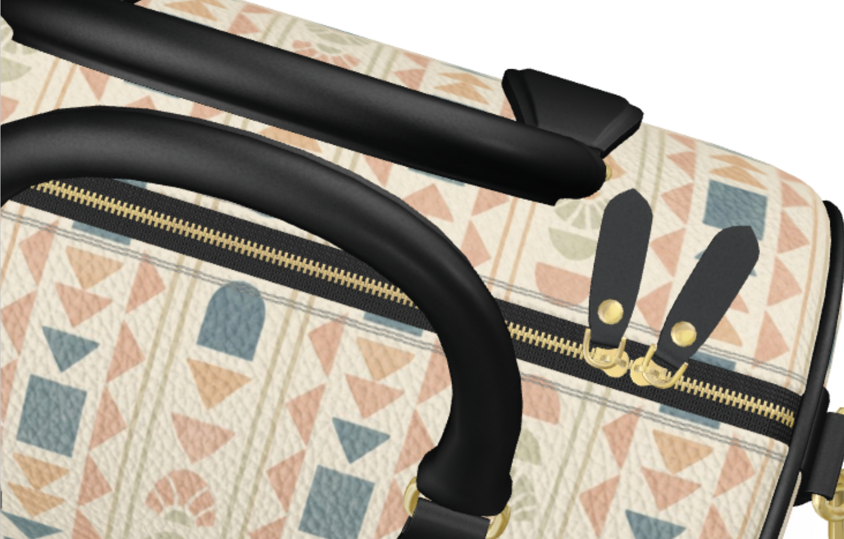 Close-up view of double zipper patterned mini leather duffel bagwith black handles on a white background
