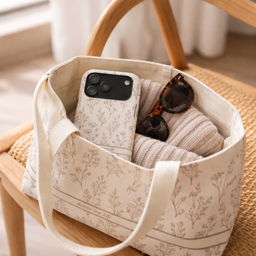 Beige tote bag with floral botanical pattern containing matching botanical phone, sunglasses, and a scarf on a wooden chair.