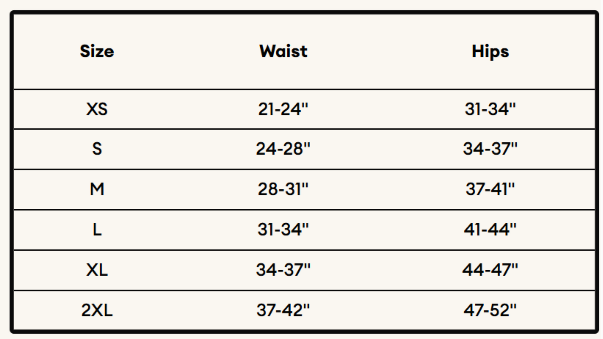 Size chart for waist and hips with measurements in inches
