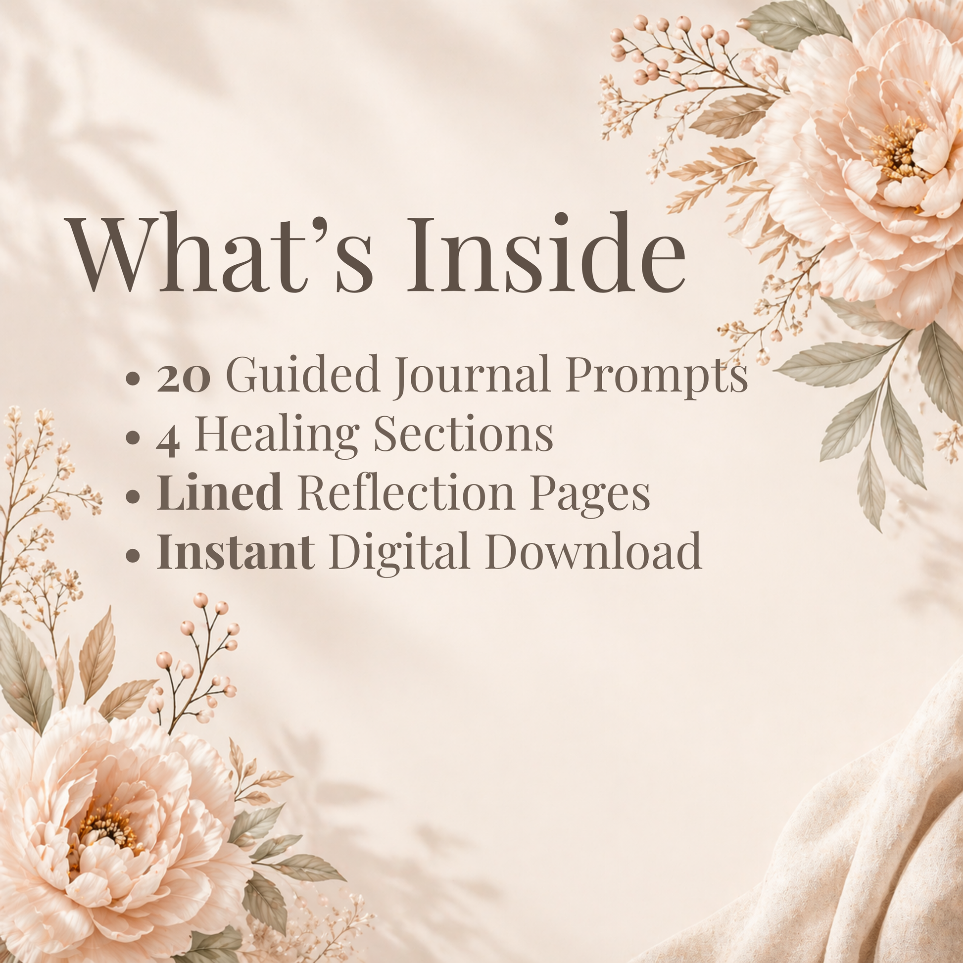 guided journal prompts overview, 20 prompts 4 sections journal, printable journal features, self healing journal contents