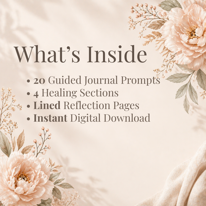 guided journal prompts overview, 20 prompts 4 sections journal, printable journal features, self healing journal contents