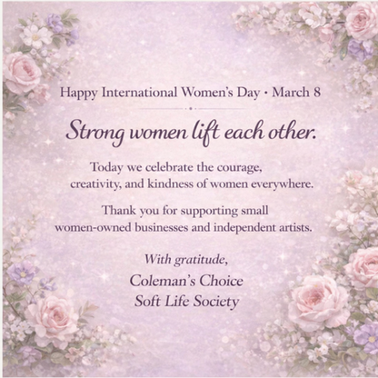 International Women's Day card with floral design and text about supporting small women-owned businesses.