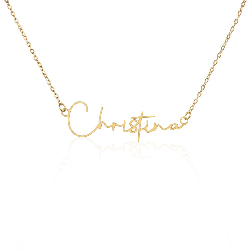 Soft Life Society Signature Style Name Necklace in 18K yellow gold finish featuring custom “Christina” script pendant on reflective white background.