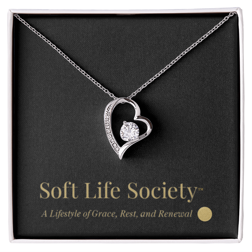 Silver Forever Love Necklace in Soft Life Society™ gift box with logo card.