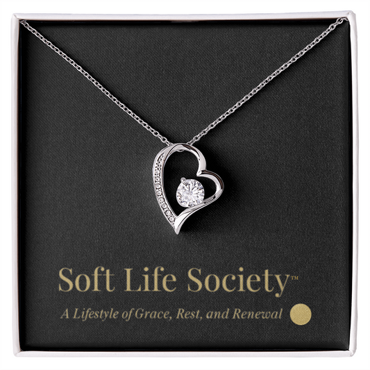 Silver Forever Love Necklace in Soft Life Society™ gift box with logo card.