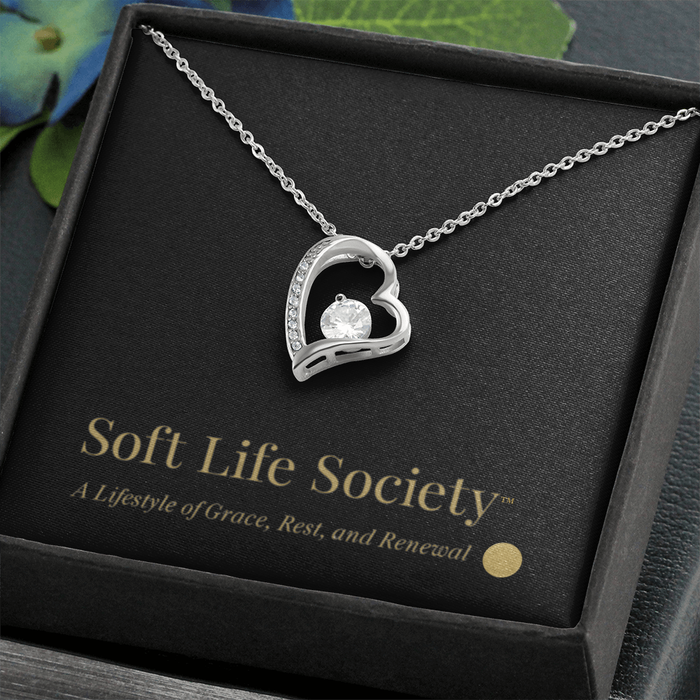 Silver Forever Love Necklace in Soft Life Society™ gift box with logo card.