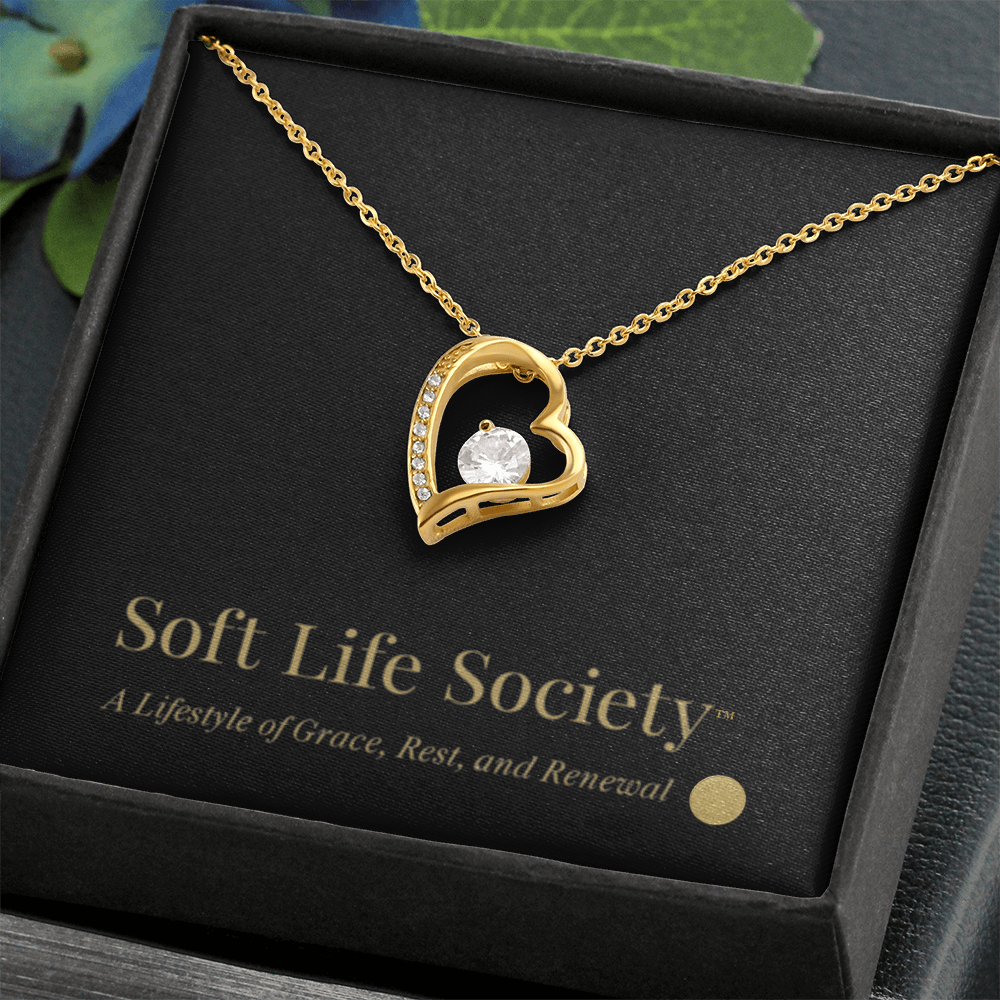 Gold Forever Love Necklace displayed in premium Soft Life Society™ gift box.