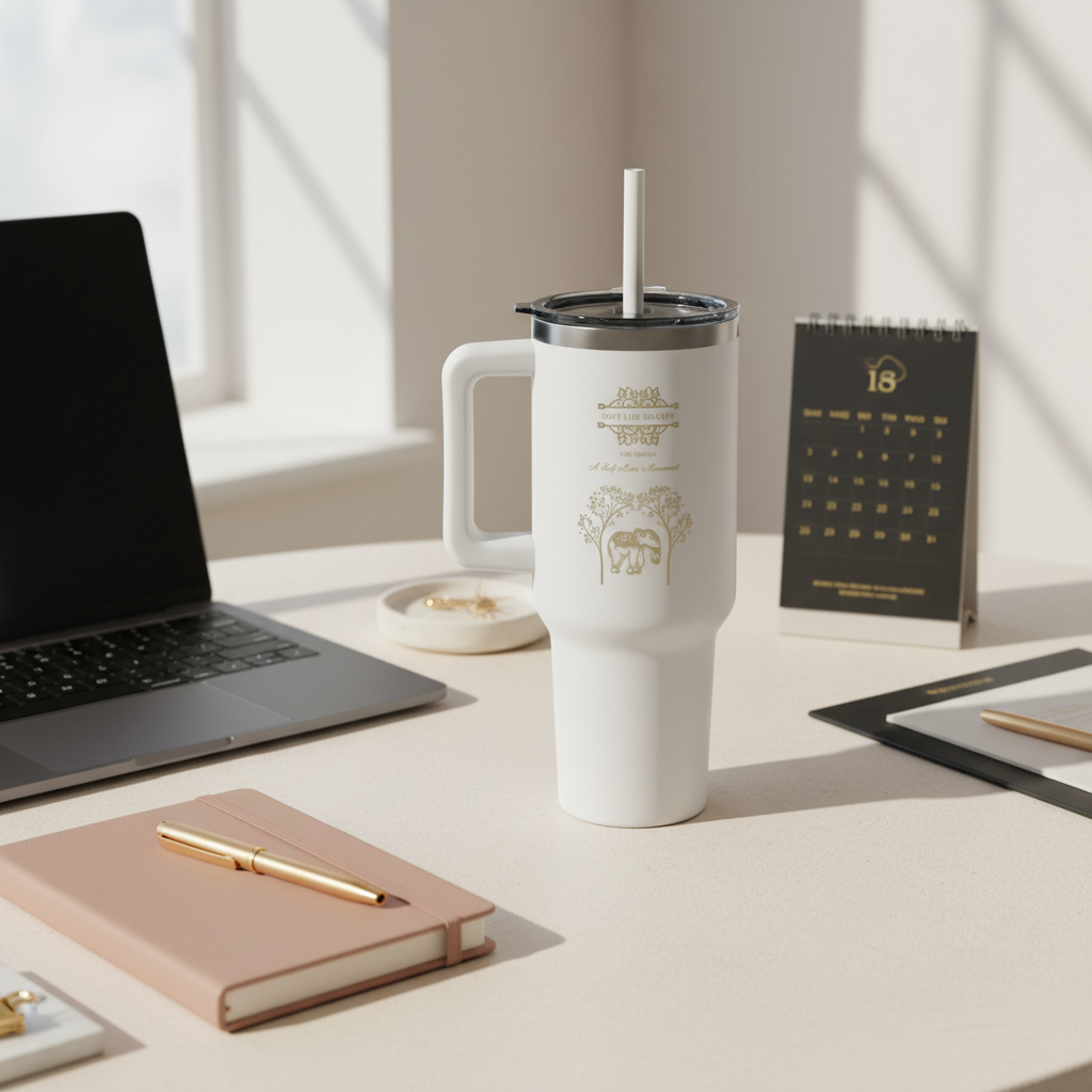 White Soft Life Society™ elephant-engraved 40oz tumbler on a minimal desk setup with a laptop, calendar, and gold accessories, showcasing the matte finish and laser-engraved gold artwork.