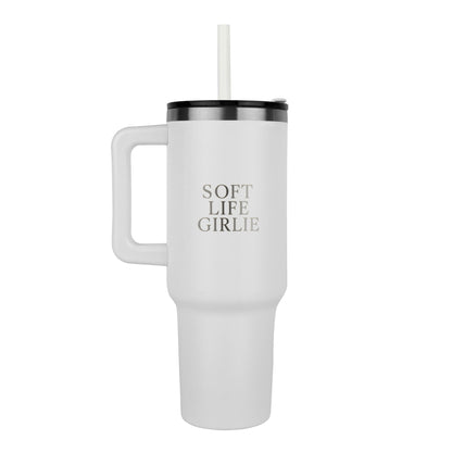 White 40oz Soft Life Girlie laser-engraved tumbler with handle and straw, matte finish