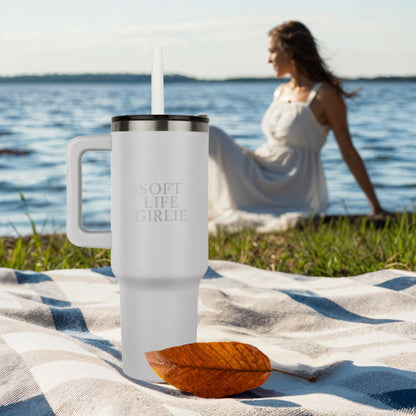 Soft Life Girlie™ tumbler displayed outdoors on picnic blanket