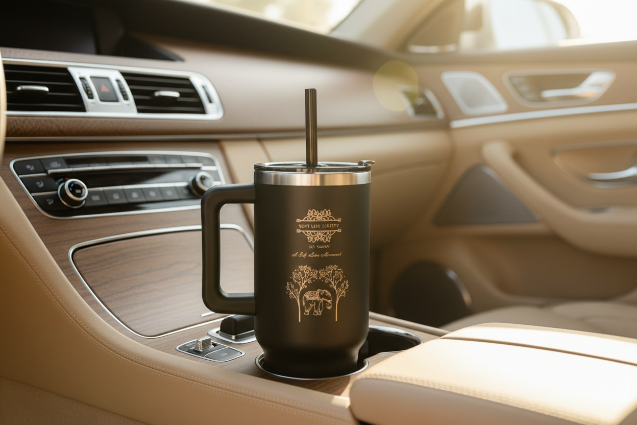 Black Soft Life Society™ elephant-engraved 40oz tumbler placed in a luxury car cup holder, showing the laser-engraved gold design against the matte finish.