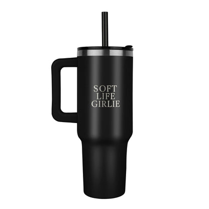 Black 40oz Soft Life Girlie laser-engraved tumbler with handle and straw, matte finish