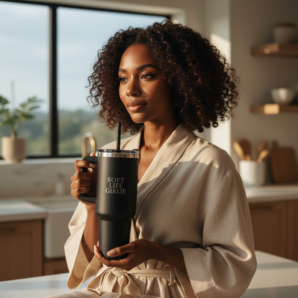 Woman holding Soft Life Girlie™ 40oz tumbler indoors in soft morning light