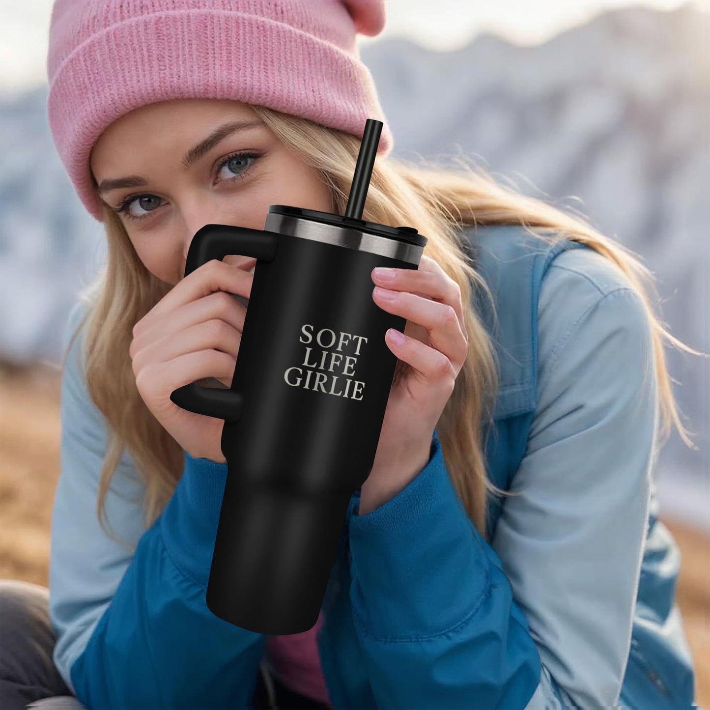 Soft Life Girlie™ 40oz Matte Tumbler with Handle – Laser Engraved | 24+ Hrs Cold | Luxury Hydration Cup
