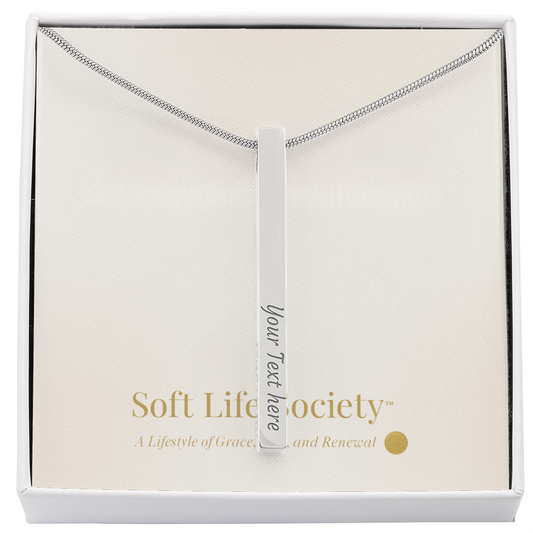 Engraved 4-sided silver bar necklace in Soft Life Society™ white gift box