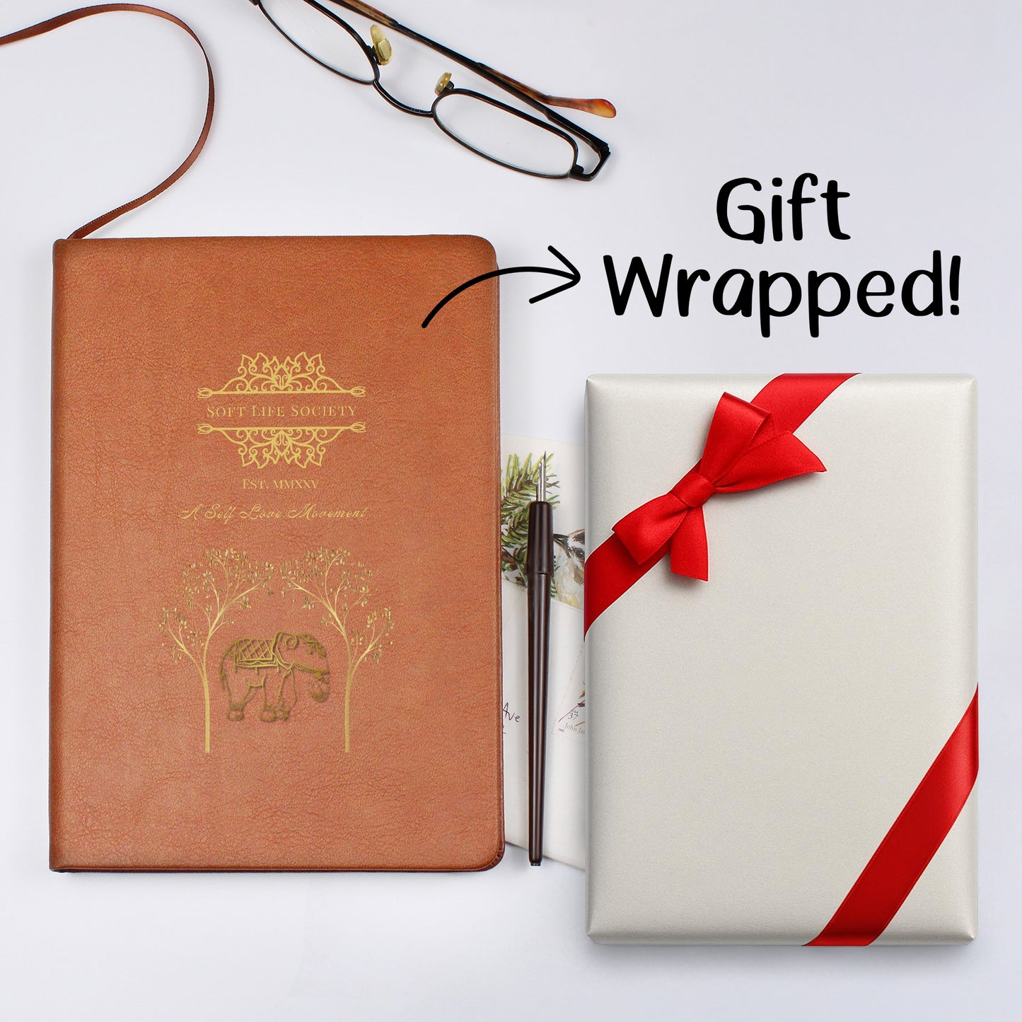 Soft Life Society™ Elephant & Tree Self-Love Journal – Vegan Leather Notebook for Healing, Wellness, Reflection & Growth | Guided Writing Gift