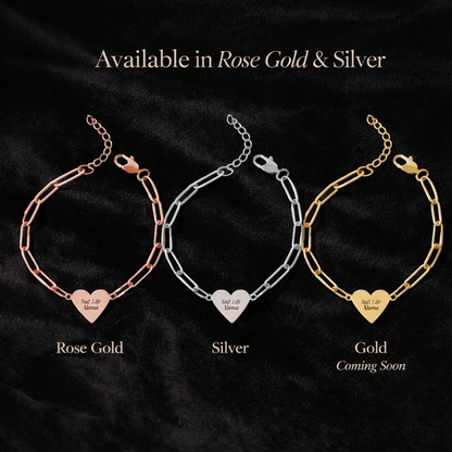 Three paperclip bracelets on a black background with text indicating availability in Rose Gold, Silver, and Gold.
