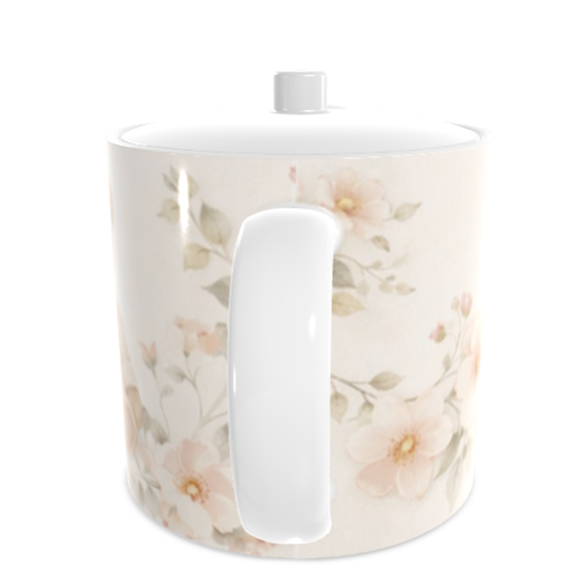 White mug with floral design on a white background