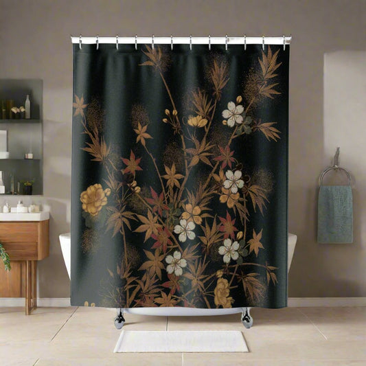Vintage Japanese botanical illustration shower curtain with intricate floral design.
