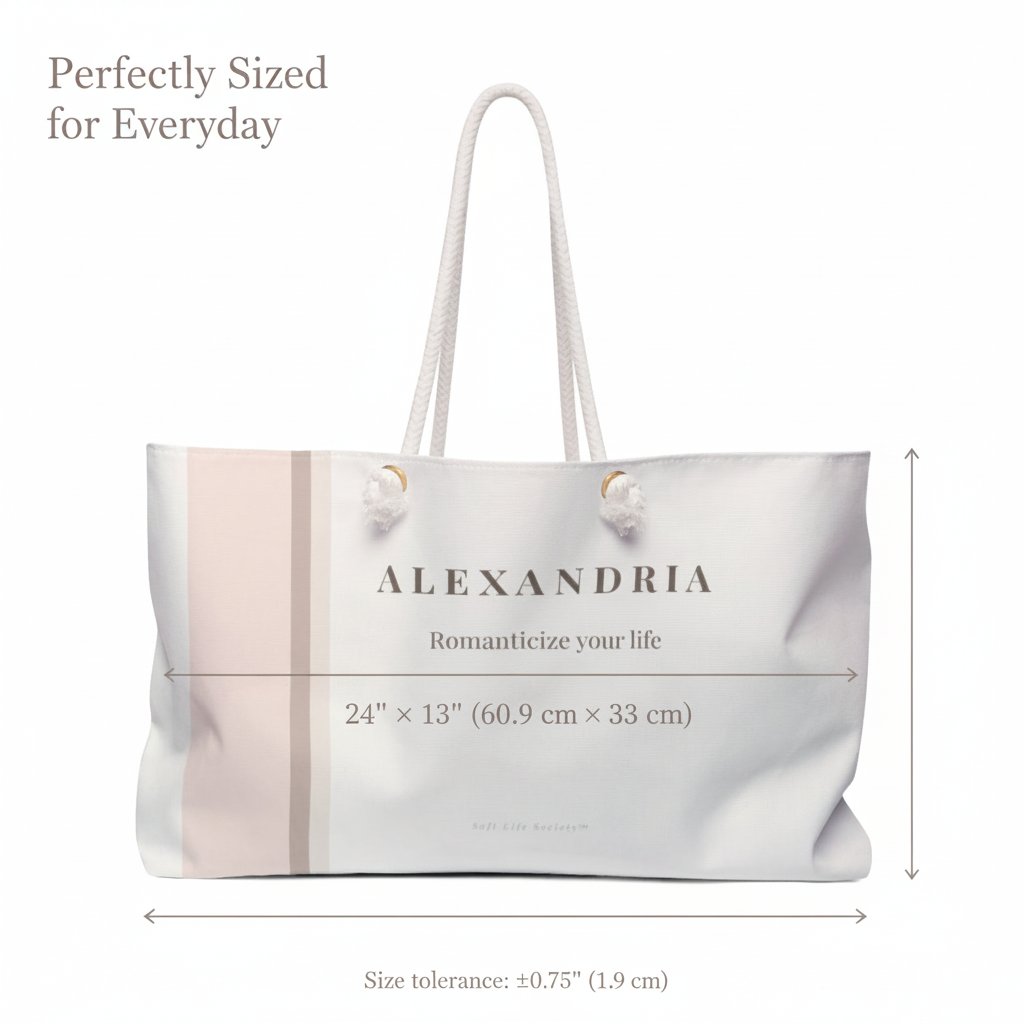 White tote bag with 'ALEXANDRIA' branding and dimensions on a white background