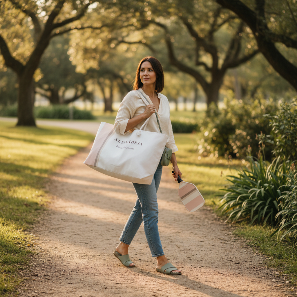 Woman walking in a park holding a branded tote bag