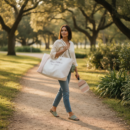 Woman walking in a park holding a branded tote bag
