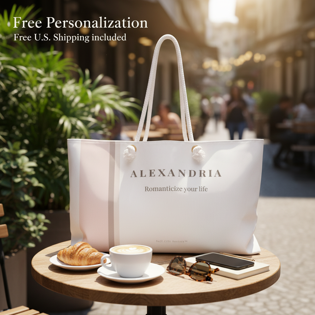 Personalized neutral weekender bag with name “Alexandria” styled on a café table with coffee and croissant, soft lifestyle travel aesthetic
