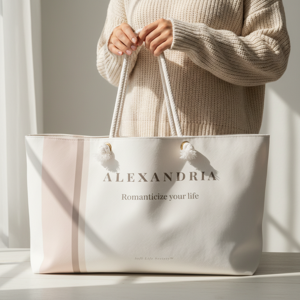 close-up view weekender tote bag with blush striped design.