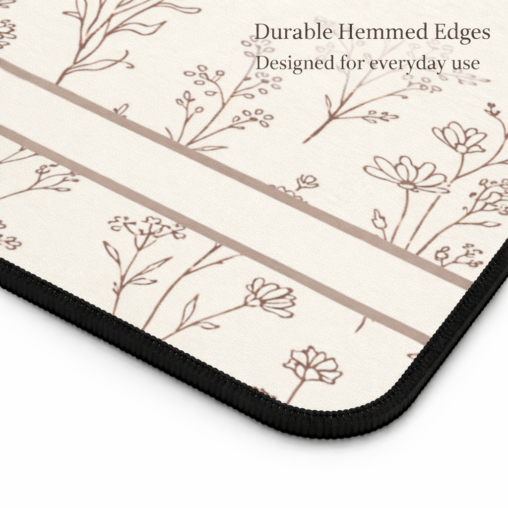 Floral patterned mat with durable hemmed edges on a white background