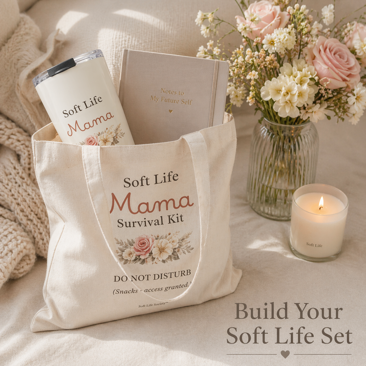 Tote bag labeled 'Soft Life Mama Survival Kit' with a mug, book, and flowers on a soft surface.