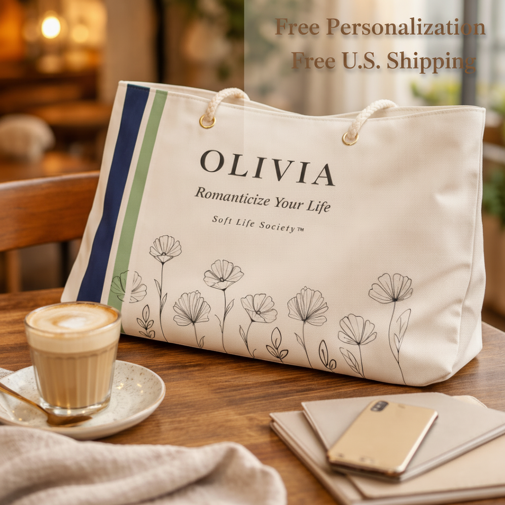 Tote bag with floral design and text on a table with a cup of coffee and phone.