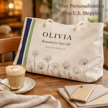 Tote bag with floral design and text on a table with a cup of coffee and phone.