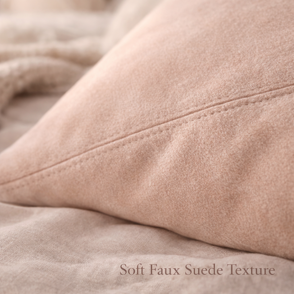 Close-up of soft faux suede texture with a beige color.